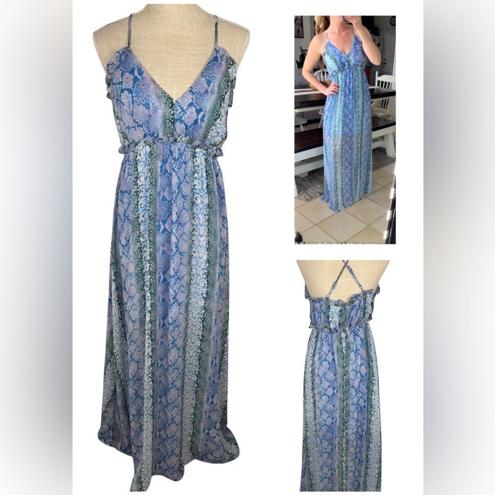 She + Sky Blue Green Animal Snakeskin Print Semi Sheer Maxi Dress